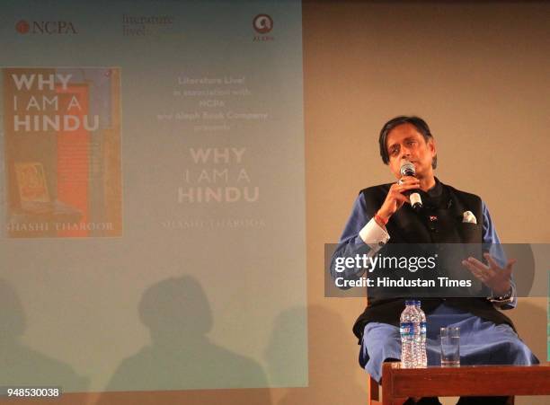 Congress leader Shashi Tharoor during the launch of book "Why I Am A Hindu" at NCPA, on April 18, 2018 in Mumbai, India. Shashi Tharoor accused the...