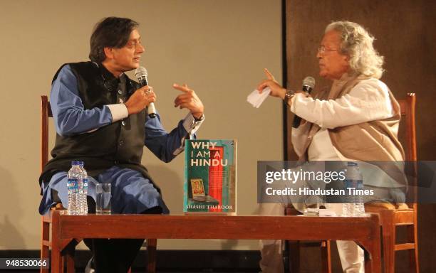 Columnist Anil Dharker with Congress leader Shashi Tharoor in conversation during the launch of book "Why I Am A Hindu" at NCPA, on April 18, 2018 in...