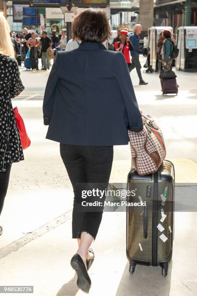 Actress Gemma Arterton is seen at Gare du Nord station on April 19, 2018 in Paris, France.