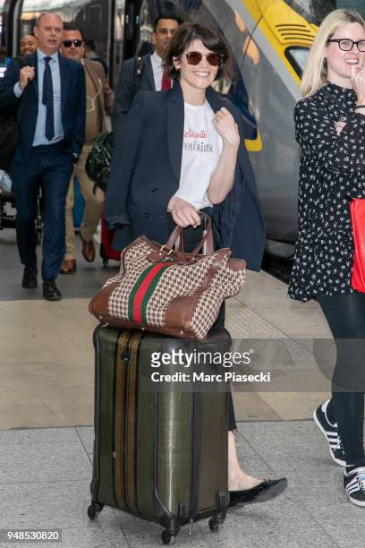 Actress Gemma Arterton is seen at Gare du Nord station on April 19, 2018 in Paris, France.