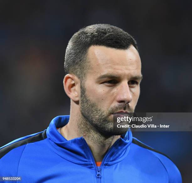 Samir Handanovic of FC Internazionale looks on prior to the serie A match between FC Internazionale and Cagliari Calcio at Stadio Giuseppe Meazza on...