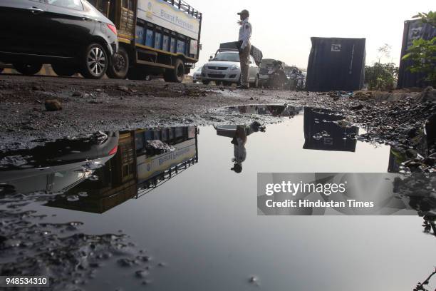 An oil container overturned on GB road near Gaimukh Thane, on April 18, 2018 in Mumbai, India.