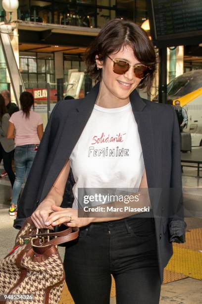 Actress Gemma Arterton is seen at Gare du Nord station on April 19, 2018 in Paris, France.