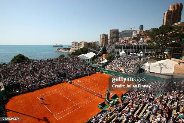 General view of Roberto Bautista Agut of Spain serving to David Goffin of Belgium during his men's singles match on day five of the Rolex Monte-Carlo...