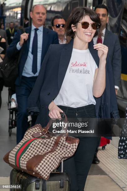 Actress Gemma Arterton is seen at Gare du Nord station on April 19, 2018 in Paris, France.