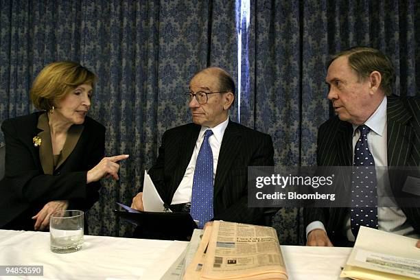 Alan Greenspan, center, chairman of the Federal Reserve Board of Governors, chats with Constance Morella, left, U.S. Ambassador to the Organization...