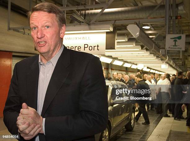 Rick Wagoner, chairman and chief executive of General Motors talks with reporters as the first new Vauxhall Astra rolls off the production lines at...