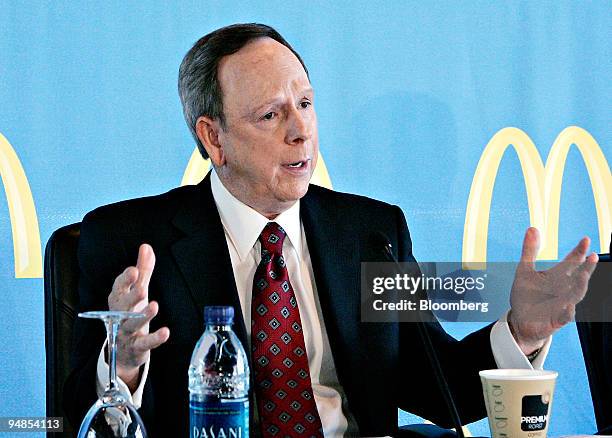 James Skinner, chief executive officer of McDonald's Corp., speaks during a news conference following the McDonald's shareholders meeting in Oak...