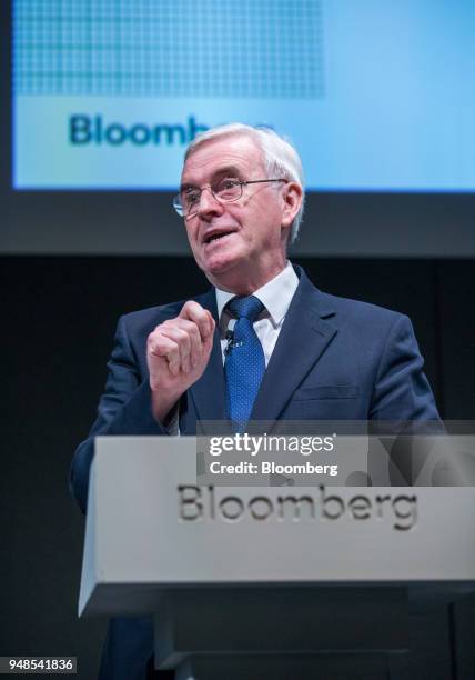 John McDonnell, finance spokesman of the U.K. Opposition Labour party, delivers a speech at Bloomberg's European headquarters in London, U.K., on...