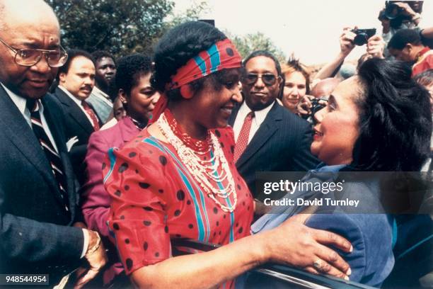 South African anti-apartheid activist Winnie Madikizela-Mandela greet American Civil Rights activist Coretta Scott King during the latter's visit to...