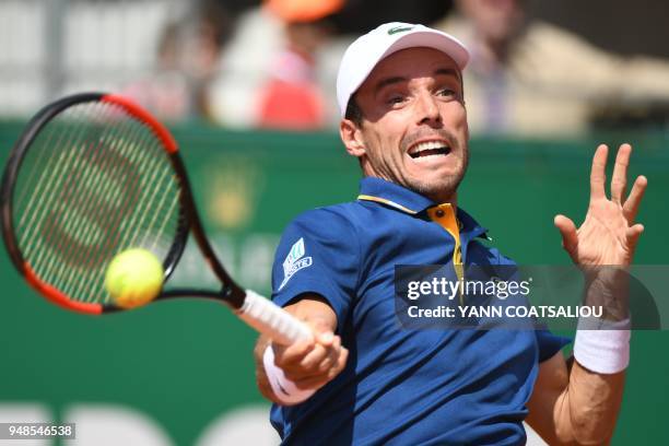 Spain's Roberto Bautista Agut returns the ball to Belgium's David Goffin during their tennis match as part of the Monte-Carlo ATP Masters Series...