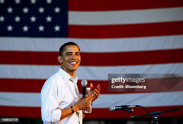 Barack Obama, a U.S. Senator and 2008 Democratic presidential candidate, smiles while speaking to supporters during a campaign event in Roseburg,...