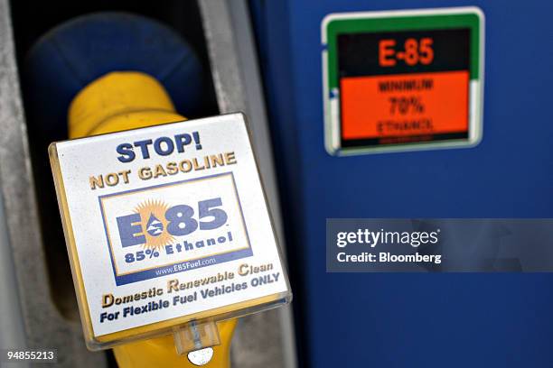 Sign alerting customers that E85, a mixture of 85 percent ethanol and gasoline, is not regular gasoline hangs on an pump at a Mobil station in...