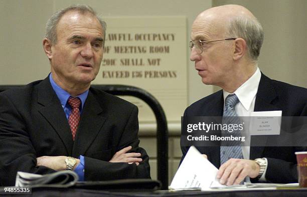 Otmar Issing, European Central Bank Chief Economist, left, and Alan Blinder, economist at Princeton University and former Federal Reserve Vice...