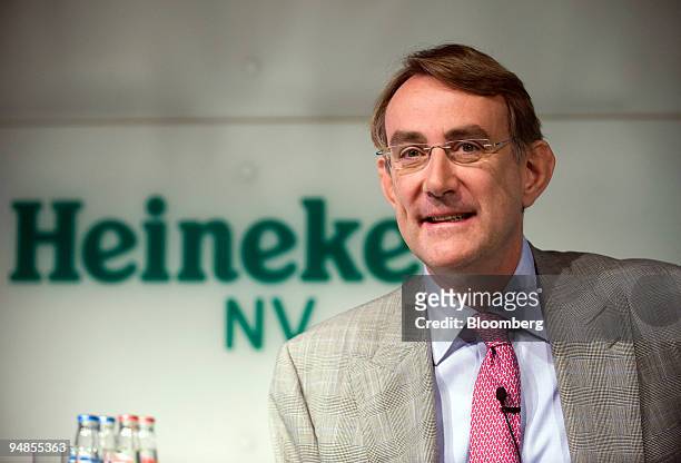 Jean-Francois van Boxmeer, Heineken's chief executive officer, reacts at a news conference in Amsterdam, the Netherlands, on Wednesday, Aug. 27,...
