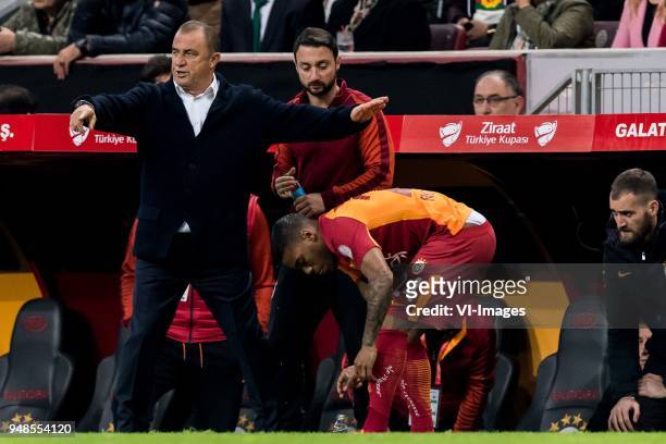 Coach Fatih Terim of Galatasaray SK, Garry Mendes Rodrigues of Galatasaray SK during the Ziraat Turkish Cup match Fenerbahce AS and Akhisar...