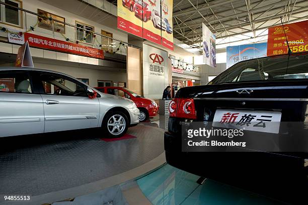 Chery Automobile Co. Ltd. Cars are parked at a dealership in Beijing, China, on Sunday, Nov. 9, 2008. China's auto exports may grow 20 percent this...