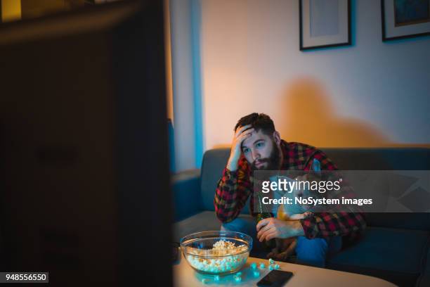 young bearded men watching sport on television with his dog - dog fan stock pictures, royalty-free photos & images