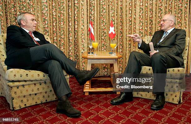 Pascal Couchepin, president of Switzerland and federal councillor of home affairs, right, speaks with Alfred Gusenbauer, Austria's Chancellor during...