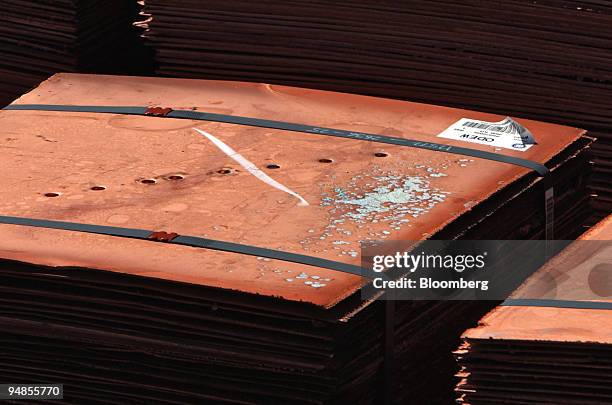 Smelted copper plates are pictured at WMC Resources Ltd.'s Olympic Dam Copper mine in South Australia November 22, 2004. Shares of WMC Resources...