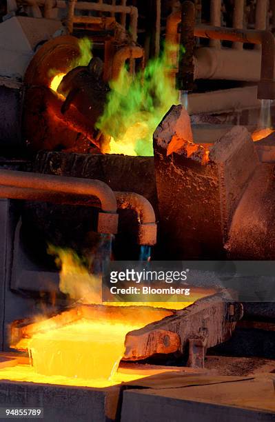 Copper is smelted at WMC Resources Ltd.'s Olympic Dam Copper mine in South Australia November 22, 2004. Nickel, the best performer on the London...