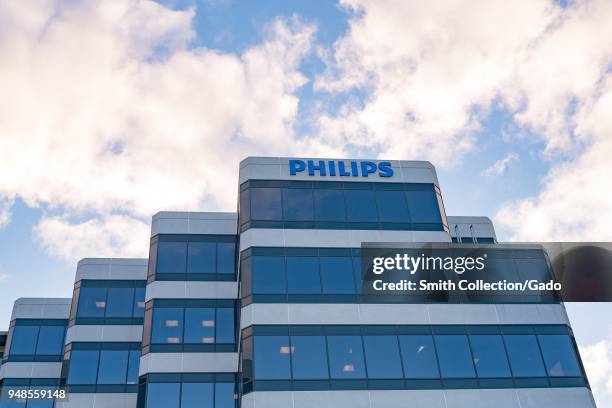 Facade with logo and sign at the regional headquarters of technology company Philips in Pleasanton, California, April 16, 2018.