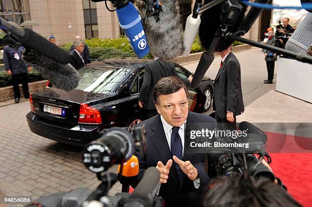 Jose Manuel Barroso, president of the European Commission, speaks to the press as he arrives for an informal summit of European heads of state at the...