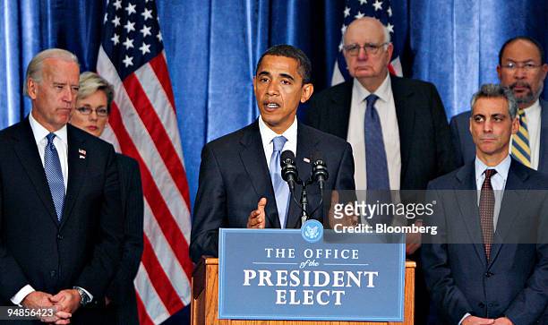 President-elect Barack Obama, center, speaks during his first post-election news conference in Chicago, Illinois, U.S., on Friday, Nov. 7, 2008....