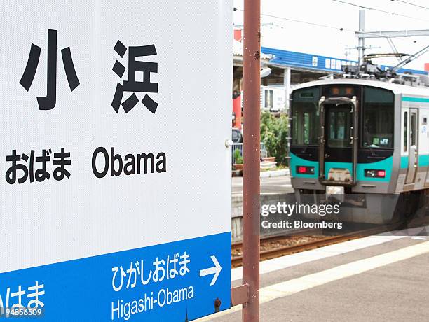 Train sits on the tracks at the Obama station in Obama City, Fukui Prefecture, Japan, on Monday, Aug. 25, 2008. The 2008 Democratic National...