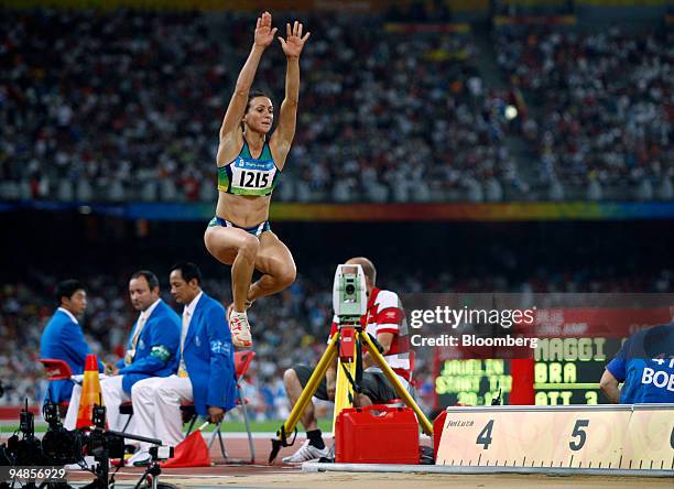 Maurren Higa Maggi of Brazil, jumps through the air in the women's long jump on day 14 of the 2008 Beijing Olympics in Beijing, China, on Friday,...