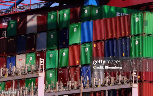 Shipping containers sit on board a cargo ship at Terminal Burchardkai in the Port of Hamburg in Hamburg, Germany, on Wednesday, April 18, 2018....