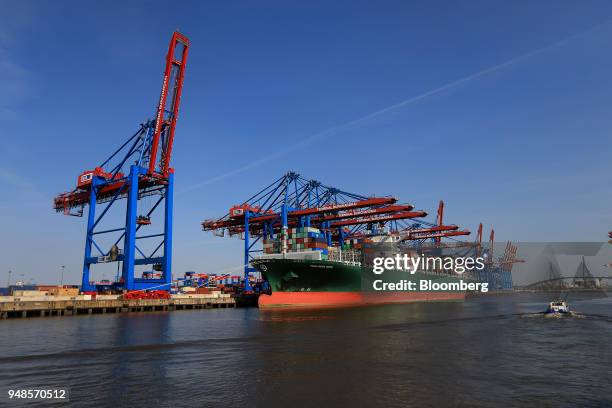 Container ship Thalassa Doxa sits docked beside ship-to-shore cranes at Terminal Burchardkai in the Port of Hamburg in Hamburg, Germany, on...