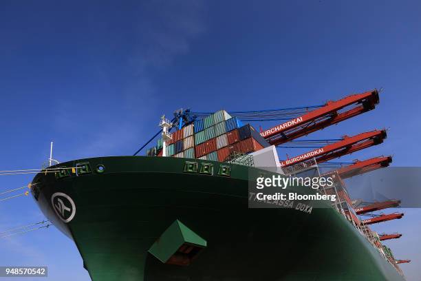 Container ship Thalassa Doxa sits docked at Terminal Burchardkai in the Port of Hamburg in Hamburg, Germany, on Wednesday, April 18, 2018. German...
