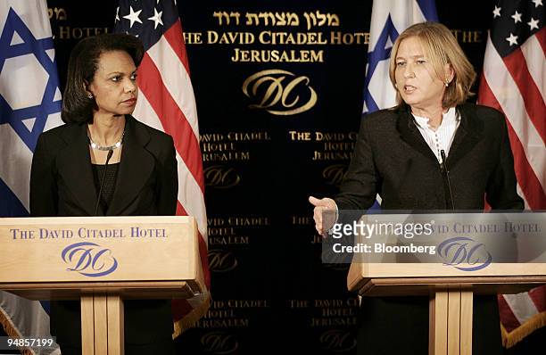 Condoleezza Rice, U.S. Secretary of state, left, looks on as Tzipi Livni, Israel's foreign minister speaks during a joint press conference in...