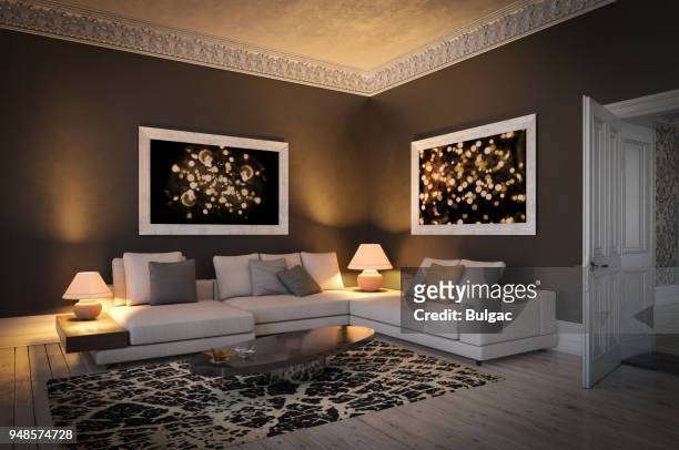 skandinavisches wohnzimmer - schwache beleuchtung stock-fotos und bilder