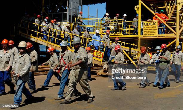 Rig workers take a break on the Petroleo Brasileiro SA P-51 oil platform at the Keppel-Fels Shipyard in Angra dos Reis, Rio de Janeiro in Brazil, on...