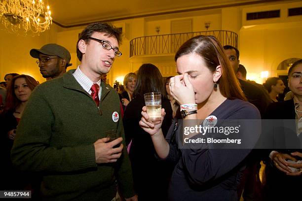 David Rodriguez speaks with Heather Harmon as election results come in during the The New York Young Republican Club's election-night celebration at...