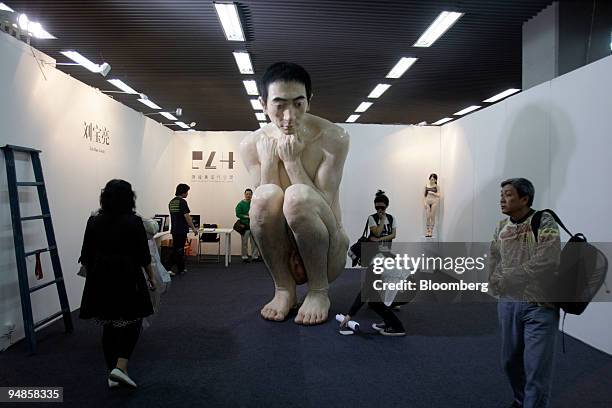 Xiao Li, by Liu Baoliang, is displayed at the Chen Ling Hui Contemporary Space booth at the 2008 China International Gallery Exposition in Beijing,...