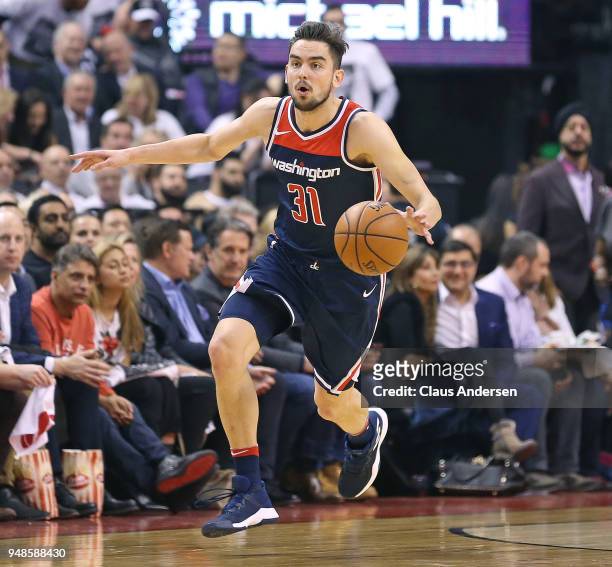 Tomas Satoransky of the Washington Wizards grings the ball up court against the Toronto Raptors in Game Two of the Eastern Conference First Round in...