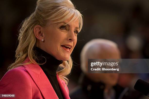 Cindy McCain, wife of Senator John McCain of Arizona, Republican presidential candidate, introduces her husband during a campaign rally at the Strath...