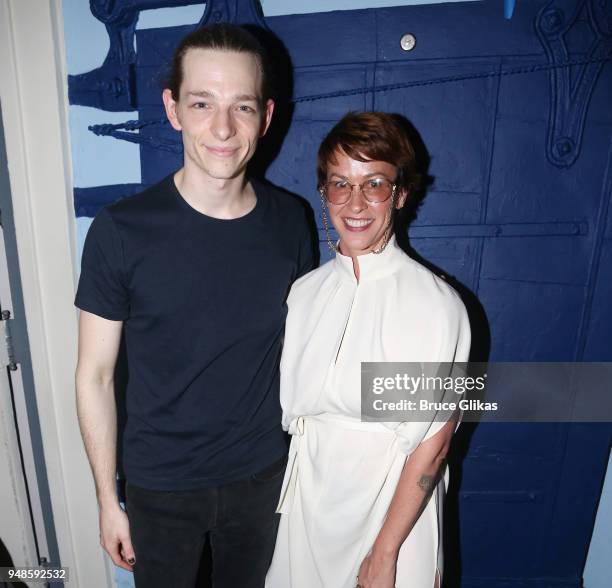 Mike Faist and Alanis Morissette pose backstage at the hit musical "Dear Evan Hansen" on Broadway at The Music Box Theatre on April 18, 2018 in New...