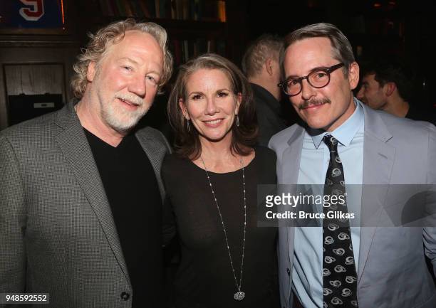 Timothy Busfield, wife Melissa Gilbert and Matthew Broderick pose at the opening night after party for Irish Rep's production of "The Seafarer"at...