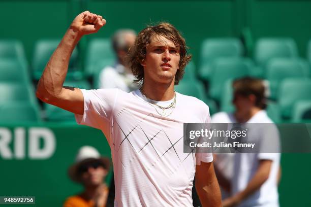 Alexander Zverev of Germany celebrates winning his men's singles match against Jan-Lennard Struff of Germany on day five of the Rolex Monte-Carlo...