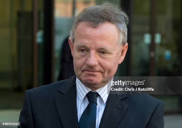 Andrew Hill leaves after an appearance on manslaughter charges at The City of Westminster Magistrates Court on April 19, 2018 in London, England....