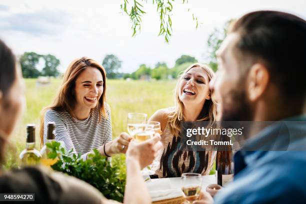 vrienden drinken wijn samen buiten hebben lunch - wijn drinken stockfoto's en -beelden