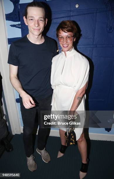 Mike Faist and Alanis Morissette pose backstage at the hit musical "Dear Evan Hansen" on Broadway at The Music Box Theatre on April 18, 2018 in New...