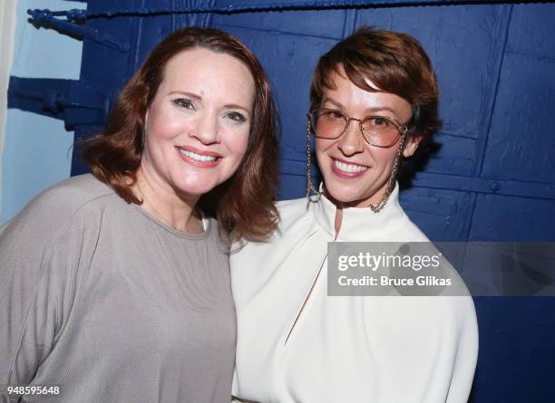 Jennifer Laura Thompson and Alanis Morissette pose backstage at the hit musical "Dear Evan Hansen" on Broadway at The Music Box Theatre on April 18,...