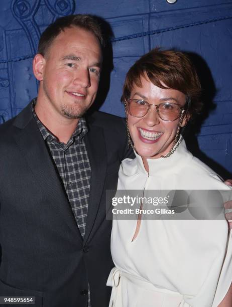 Mario Treadway aka "Souleye" and wife Alanis Morissette pose backstage at the hit musical "Dear Evan Hansen" on Broadway at The Music Box Theatre on...