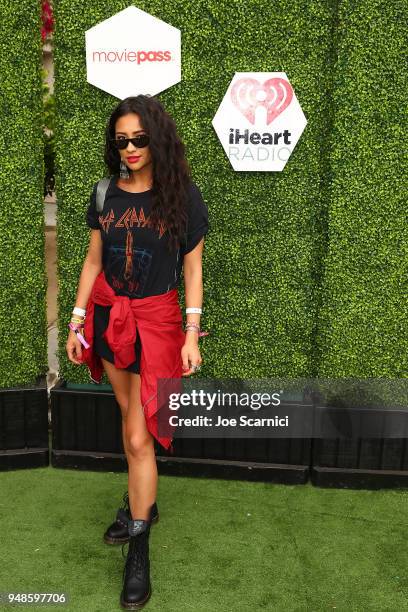 Shay Mitchell poses for a photo at the MoviePass x iHeartRadio Festival Chateau at The Chateau at Lake La Quinta on April 15, 2018 in La Quinta,...