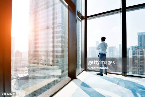 uomo d'affari in piedi e guardando il paesaggio urbano - building top foto e immagini stock